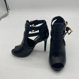 XYD Black Peep Toe Heels with Gold Buckles